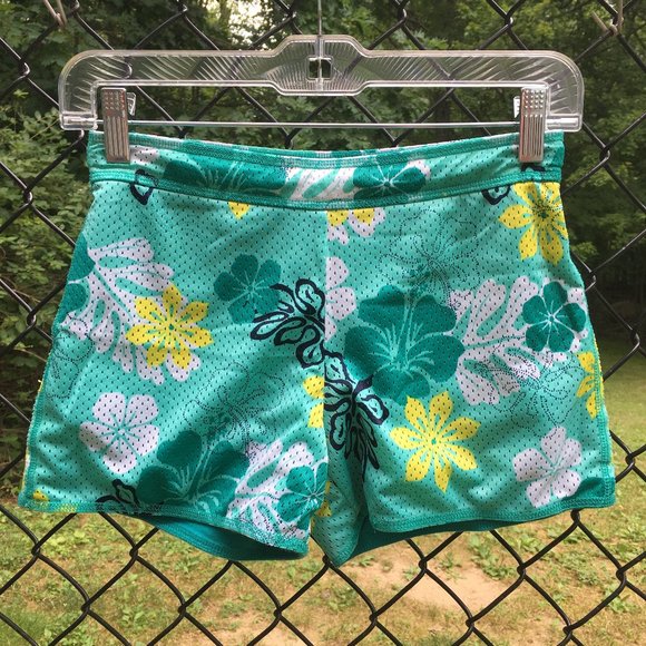 Girl'sTeal Hibiscus Flower Print Reversible Shorts - Picture 3 of 4